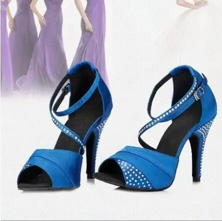 2017 Brand Purple Blue Satin Latin Dancing Shoes Women\'s Rhinestone High Heeled Shoes Salsa Party Ballroom Dancing Shoes 10cm