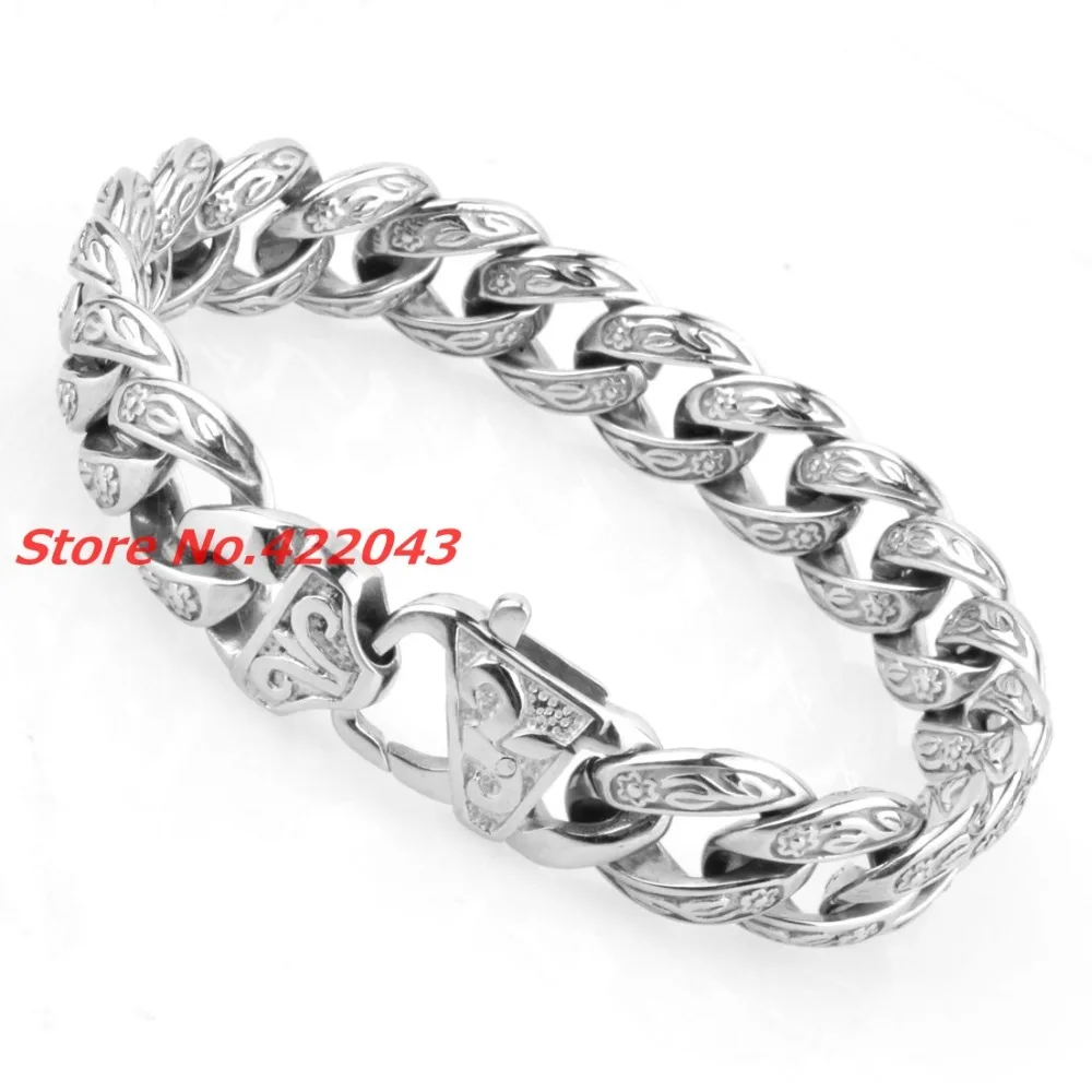 Fashion Mens Boy\'s Bangles 15mm Solid Silver color 316L Stainless Steel Cast Flower Design Cuban Link Chain Bracelets 9\