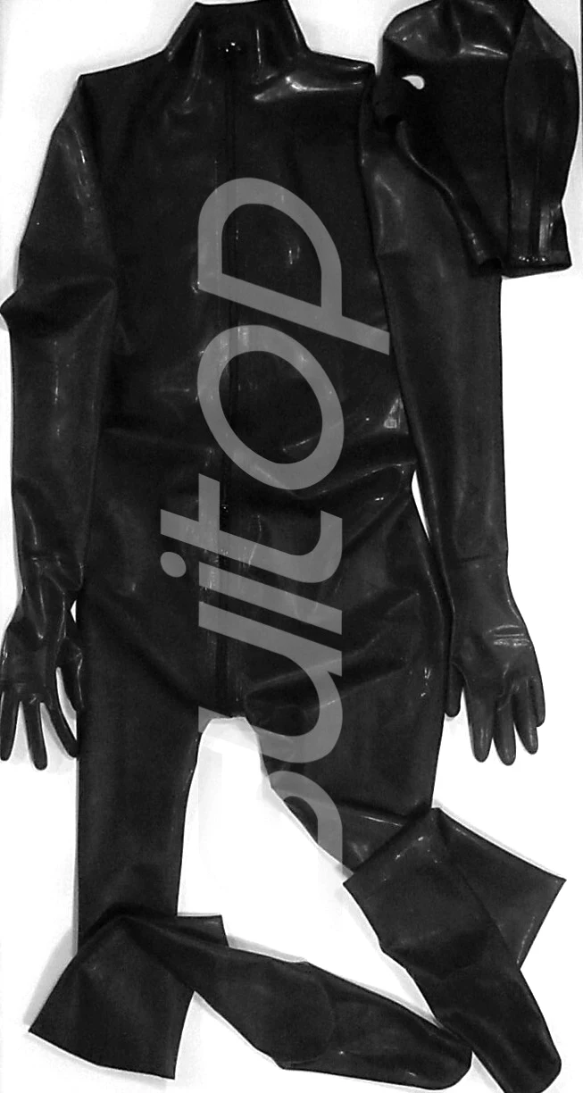 Full body cover latex catsuit with front zipper to butt hoods separate (inclduing gloves socks attached)