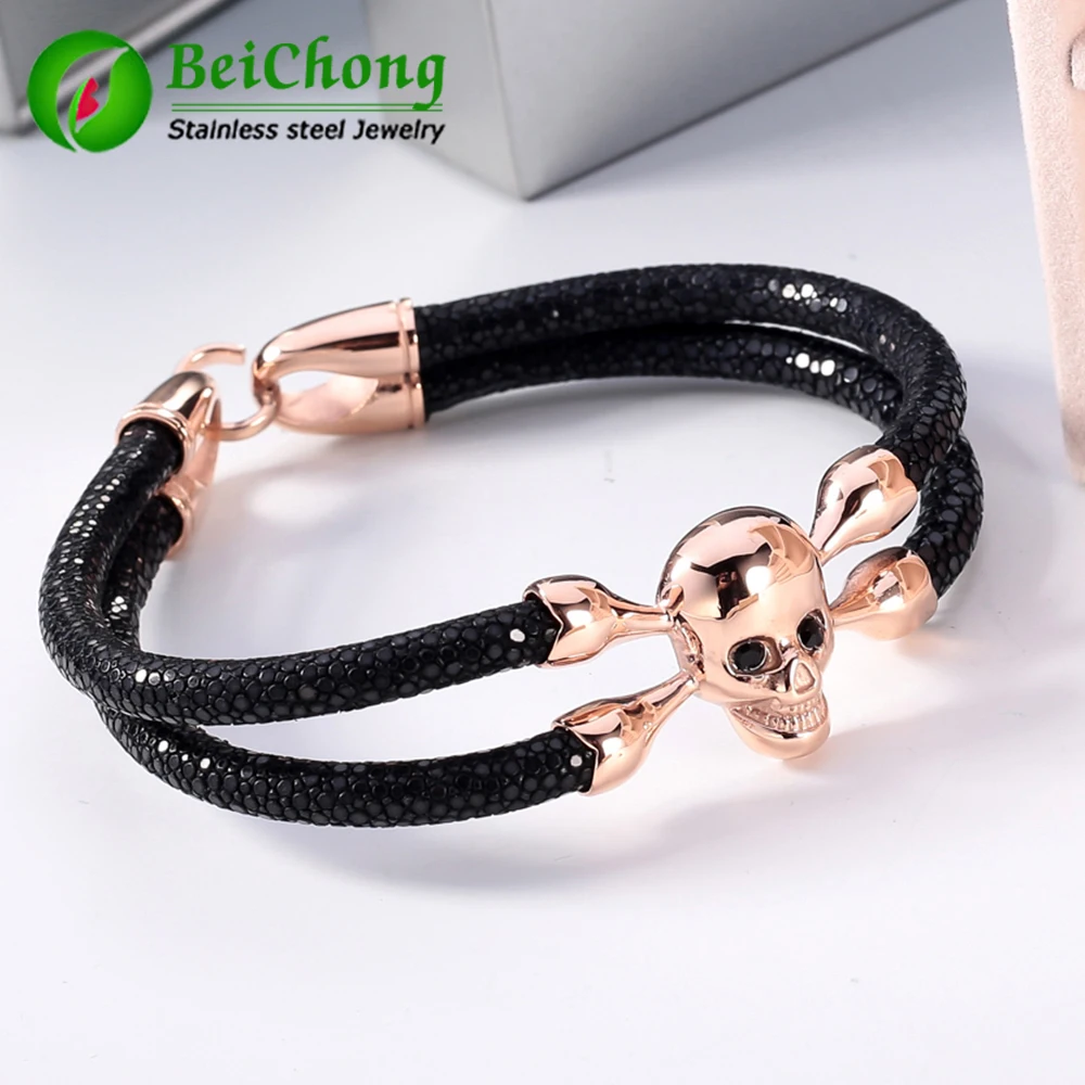 Fashion Jewelry Men\'s Bracelet Black Stingray Bracelet Men Genuine Leather Stingray Bracelet Skull Bracelet Men