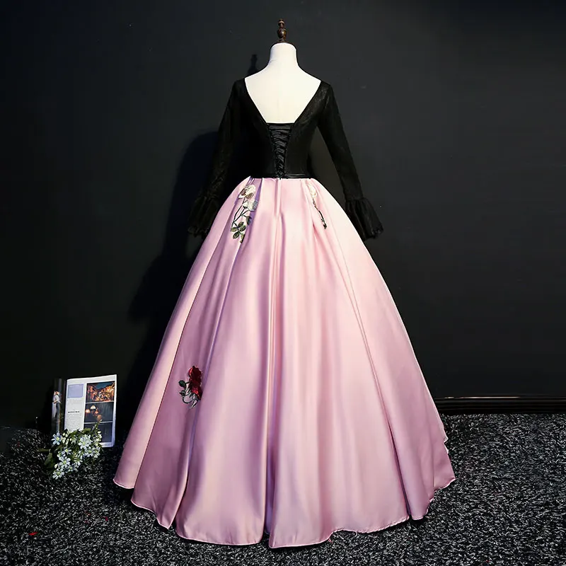 luxury black&pink flowers embroidery lace gown medieval dress Renaissance gown queen Victorian Gothic/Marie / Belle Ball