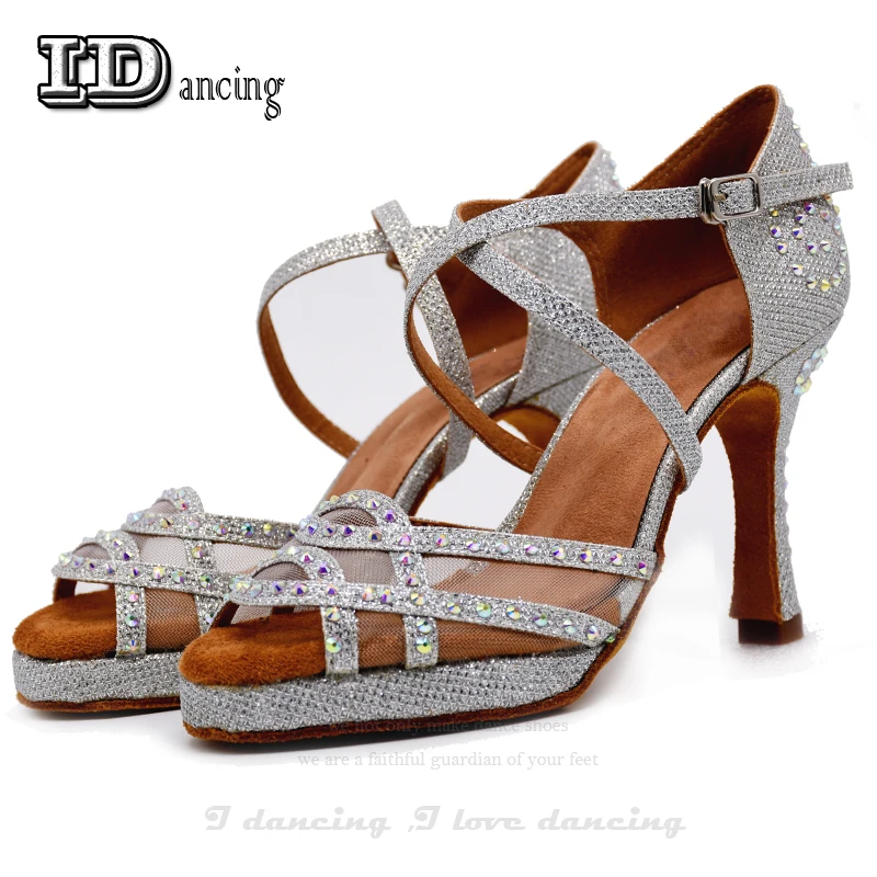 Women Latin Dance Shoes Tango Dance Shoes Rhinestone Wedding Shoes Salsa Shoes with Platform Black High Heel JuseDanc