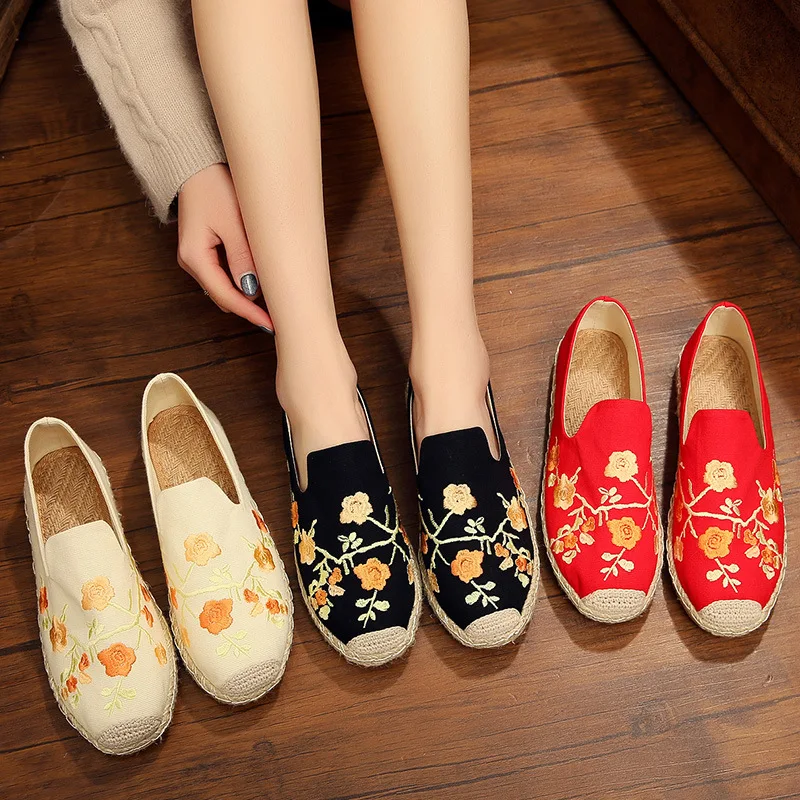 summer thick  shoes womens flat heel round head plum womens shoes female Cotton Hemp Womens shoes shredded flower craft shoes