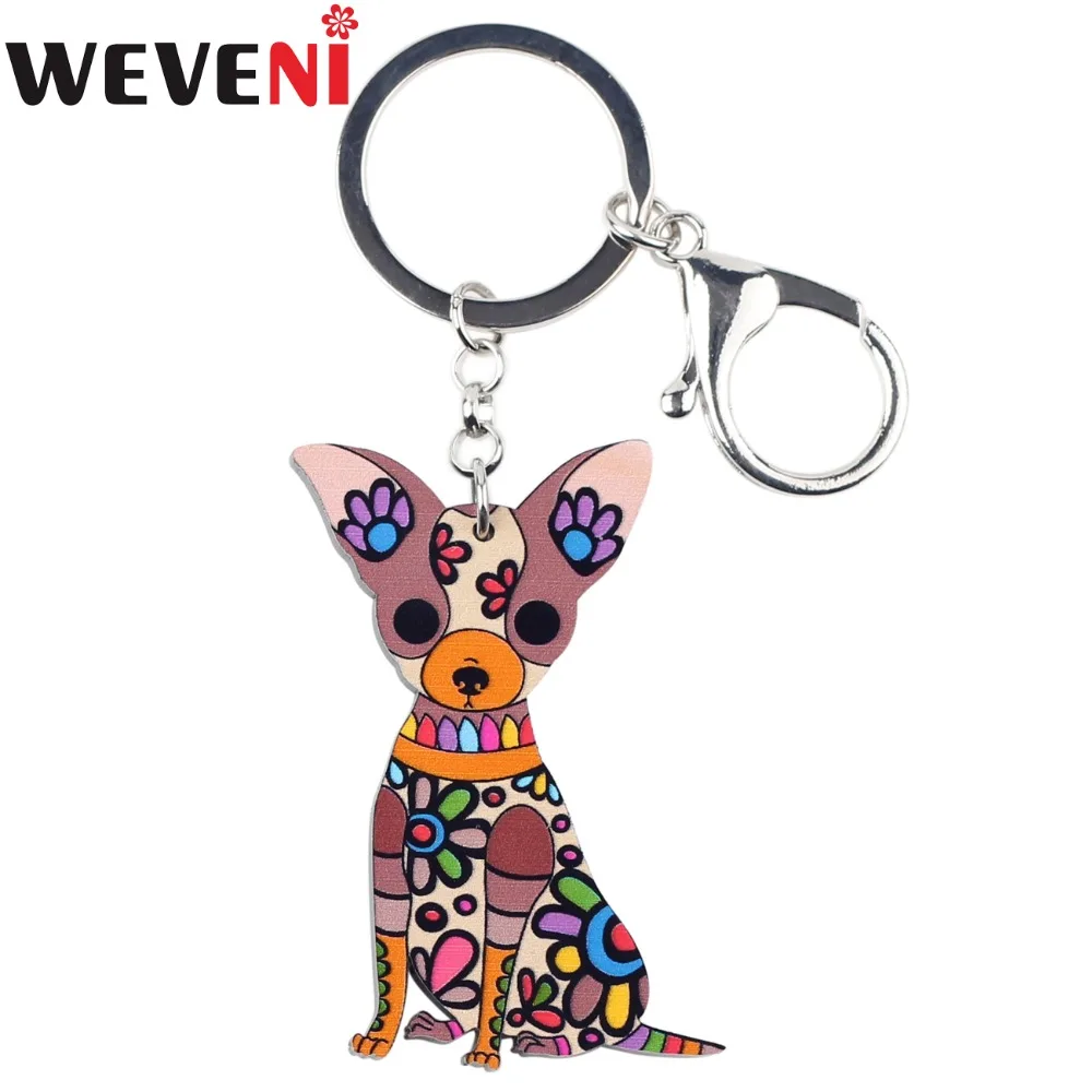 WEVENI Original Acrylic Chihuahua Dog Key Chain Key Ring Bag Charm Car Keychain Accessories New Fashion Jewelry For Women