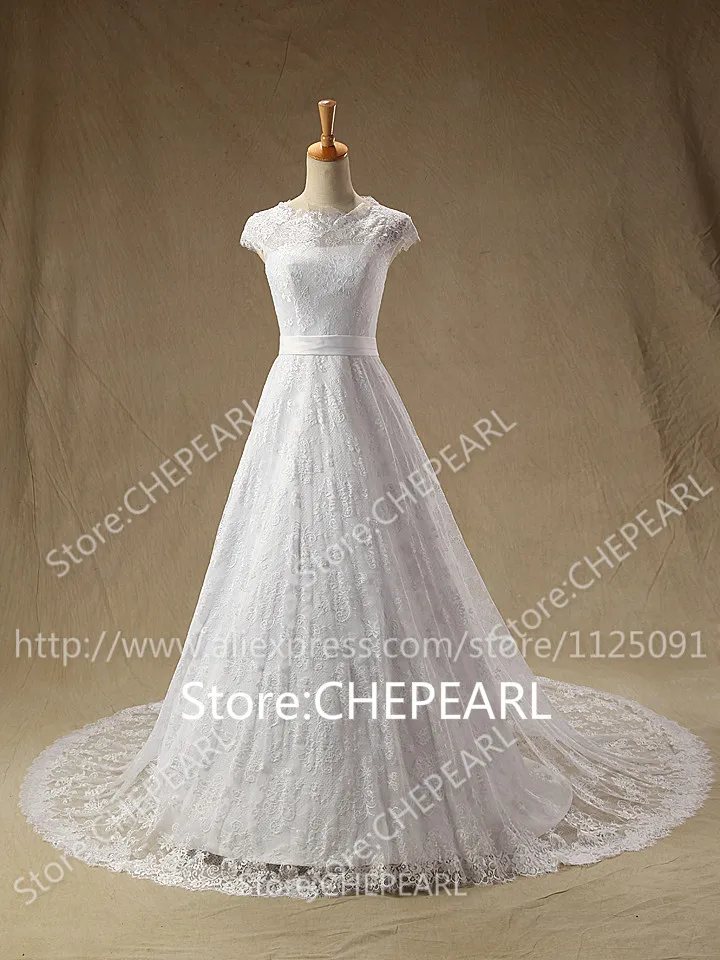 Vestido De Noiva Wedding dress Custom Made Scoop See Through Back Zipper Button Full Lace Mouwloze Kant Wedding Dress Real