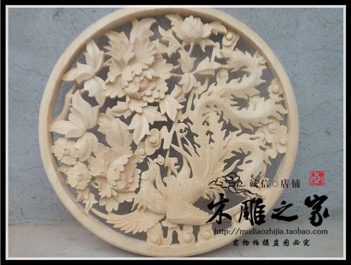 

Dongyang wood carving wood Phoenix peony pendant hanging round customized handmade Antique Chinese living room decoration