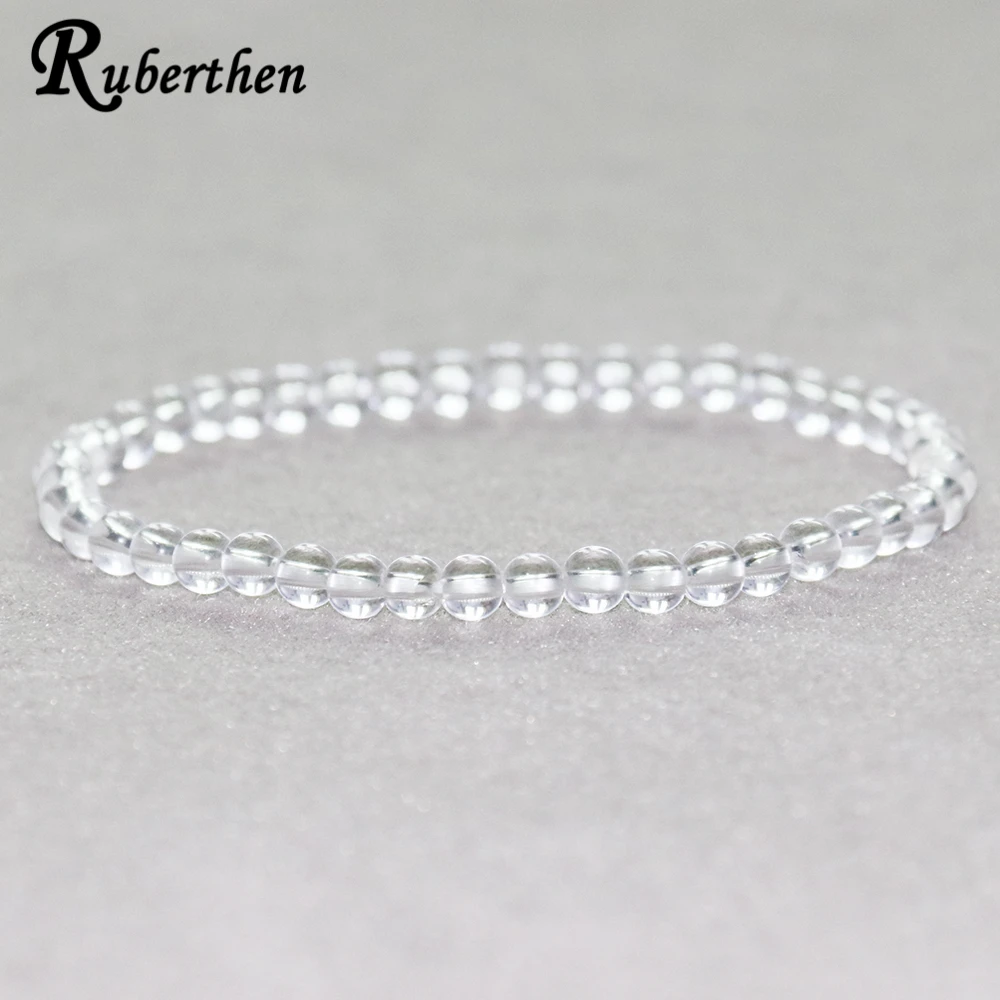 Ruberthen 4 MM Clear Quartz Bracelet Natural White Crystal Stone Beads Bracelet Mini Gemstone Energy Bracelet