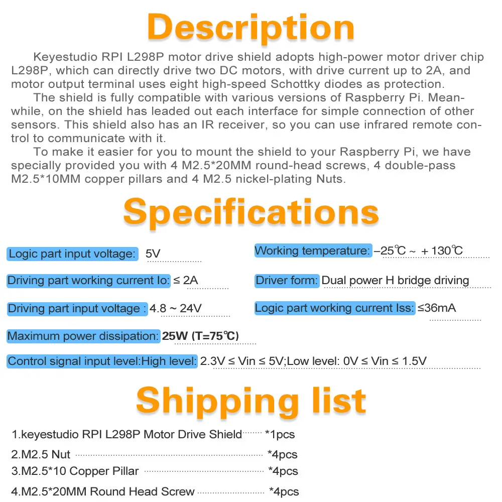 Keyestudio Raspberry Pi L298P Motor Drive Shield Board Dual Power H-bridge Driving For Arduino/Raspberry Pi 4B/3B+/3