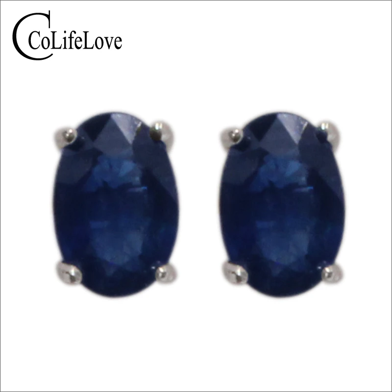 100% genuine sapphire stud earrings 4 mm* 6mm dark blue sapphire gemstone earrings simple 925 silver sapphire earrings for girl