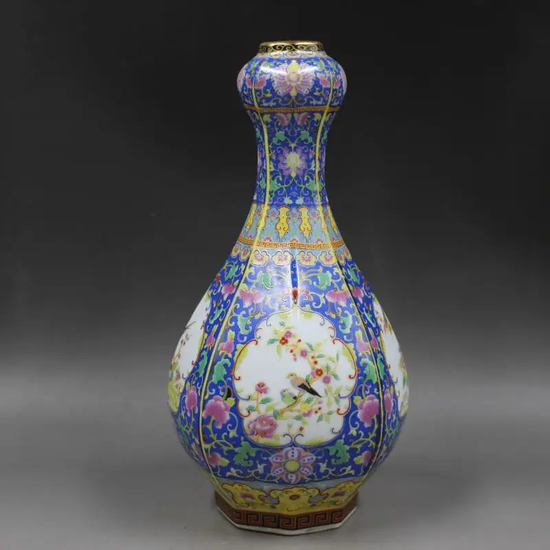 Qing Yong Zheng Antique Ceramic Vase Blue Enamel Garlic Head Shaped Hexagon Vase Antique Porcelain Ancient Porcelain Collection