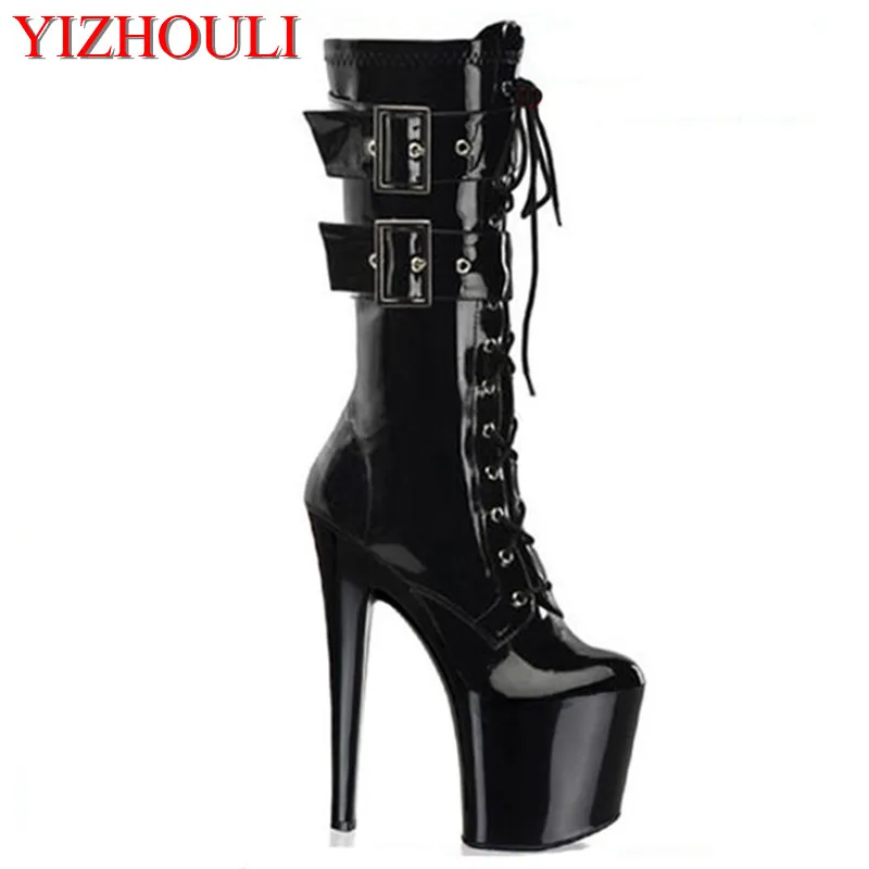 

20 cm high heels, thick with round toe pole dancing boots, nightclub high sexy black women's high boots