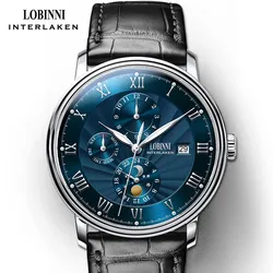 LOBINNI Switzerland Luxury Brand Seagull ST3A Automatic Mechanical Men's Watches Sapphire Moon Phase Multi-function Clock L1023B