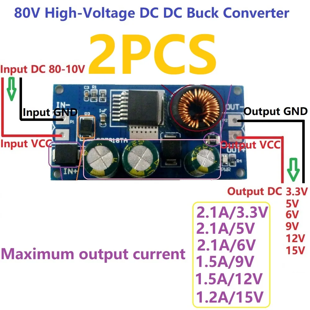 2x 2.1A 8-80V to 15V 12V 9V 6V 5V 3.3V HV DC-DC Converter Buck Step-Down Power Module for EBike Lead-acid batteries car Solar