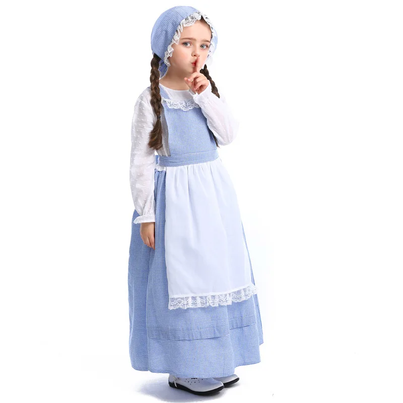 Girl Japanese Cosplay Costume Kids Belle Maid Sailor Lolita Dress Plaid Lace Blue/ Girls Halloween Costume Free Headwear