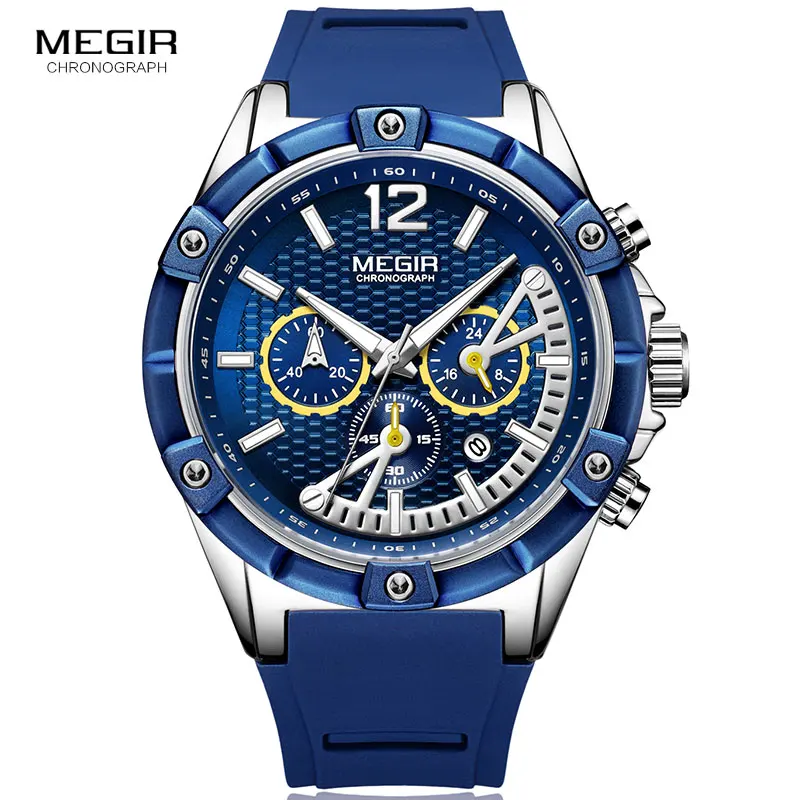 MEGIR Army Sports Waterproof Quartz Wrist Watches for Men Blue Silicone Stopwatch Relojios Masculinos Clock Luminous 2083GBE-2