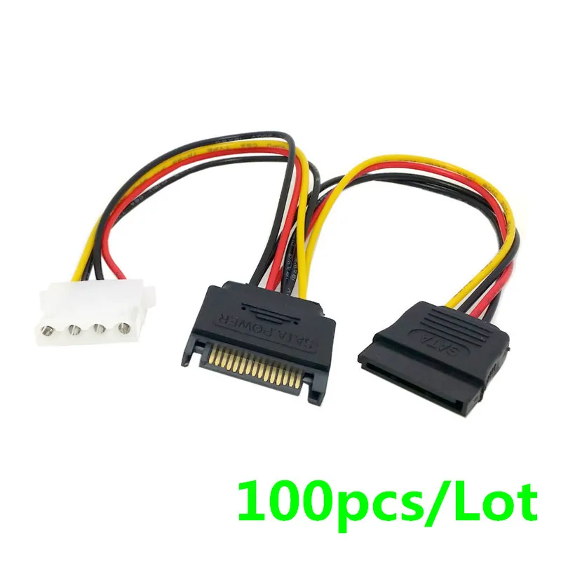 100pcs/lot 15Pin SATA Male to 4Pin IDE Molex Female + SATA Female Power Cable CORD 18AWG