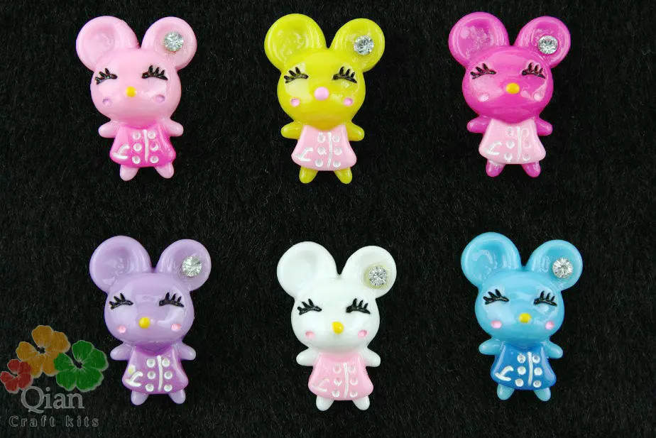 200pcs mix colors cute mouse in dress w/ rhinestone Flat Back Resins Cabochons  for diy Decoration 22mm minnie