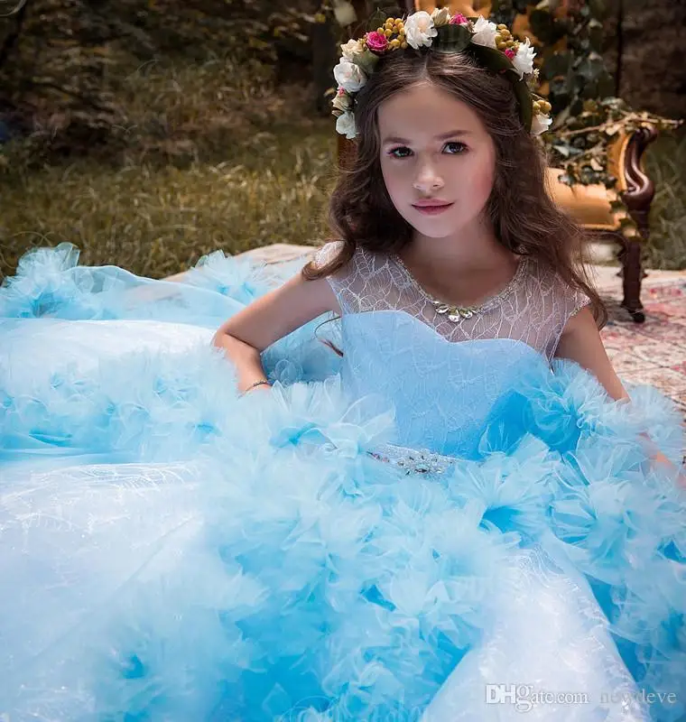 2019 Ball Gown Floor Length Tulle Ruffles Beaded Collar Girls Pageant Dress High Quality Blue White Kids Wedding Dress