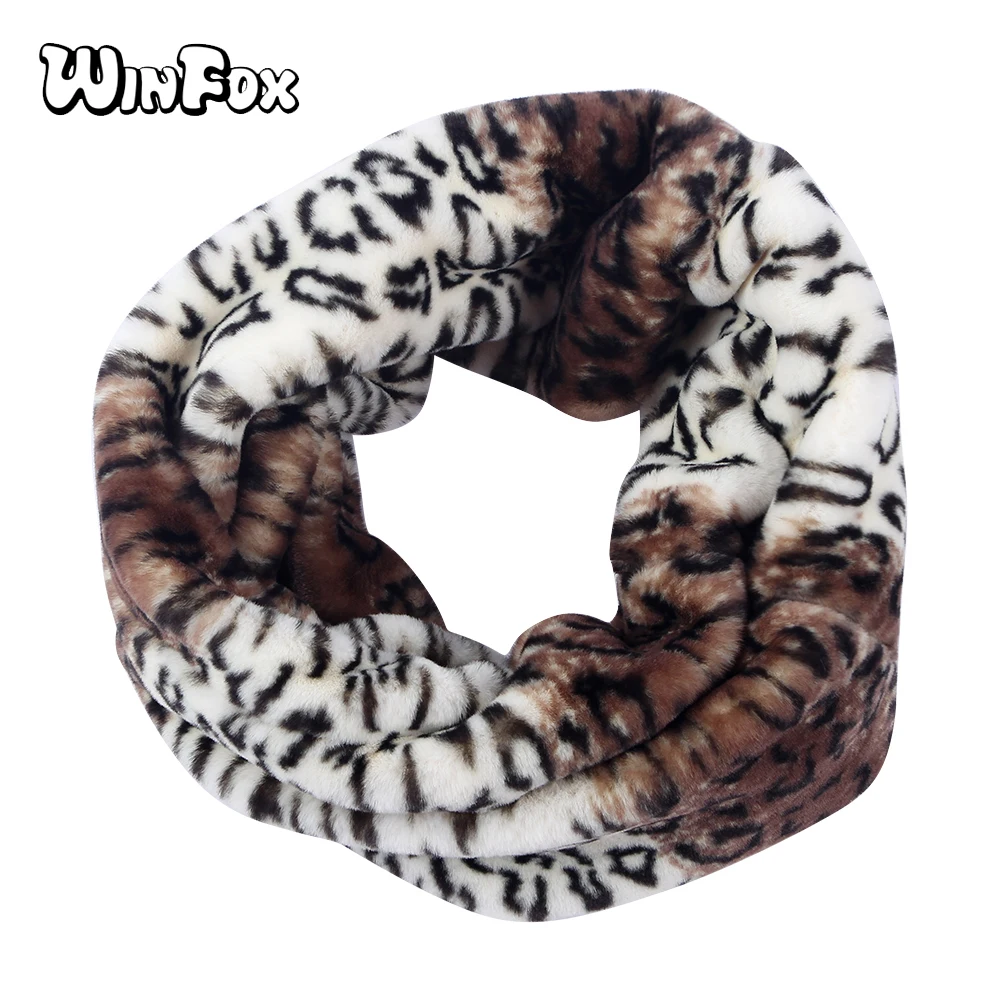 Winfox Fashion Faux Fur Leopard Print Neck Tube Scarf Womens Winter Soft Warm Snood Lic Scarfs For Ladies