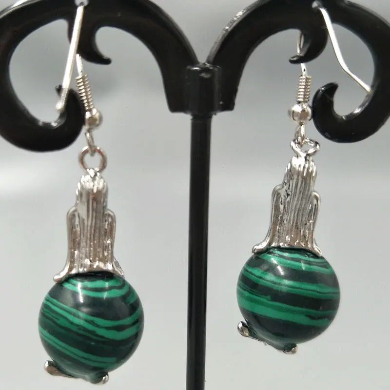Fashion Jewelry 14mm Malachite Mermaid Spherical Beads Dangle Earrings C5313
