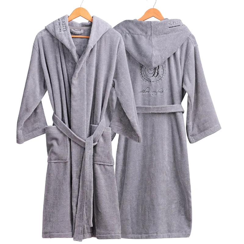 Men's Hooded Cotton Bathrobe, Gentlemen Homewear, Male Sleepwear, Lounges, Pajamas, White, Autumn, Winter