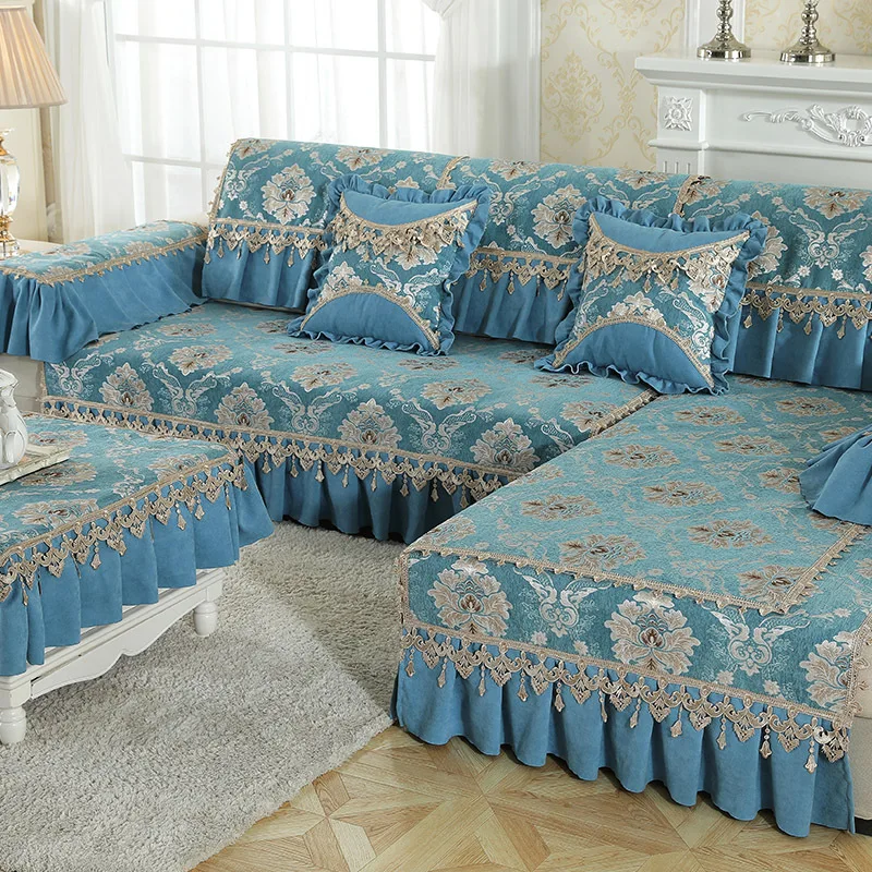 

chenille polyester fabric sofa covers european floral sofa towels with lace edge slipcovers home funiturn protectors almofadas