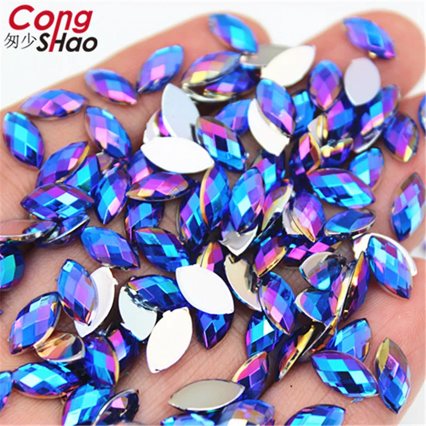 5*10mm Acrylic AB Rhinestones Eye Shape Crystal AB Flat Back 3D Nail Art Rhinestones Flatback Stones For Face Decorations WC366