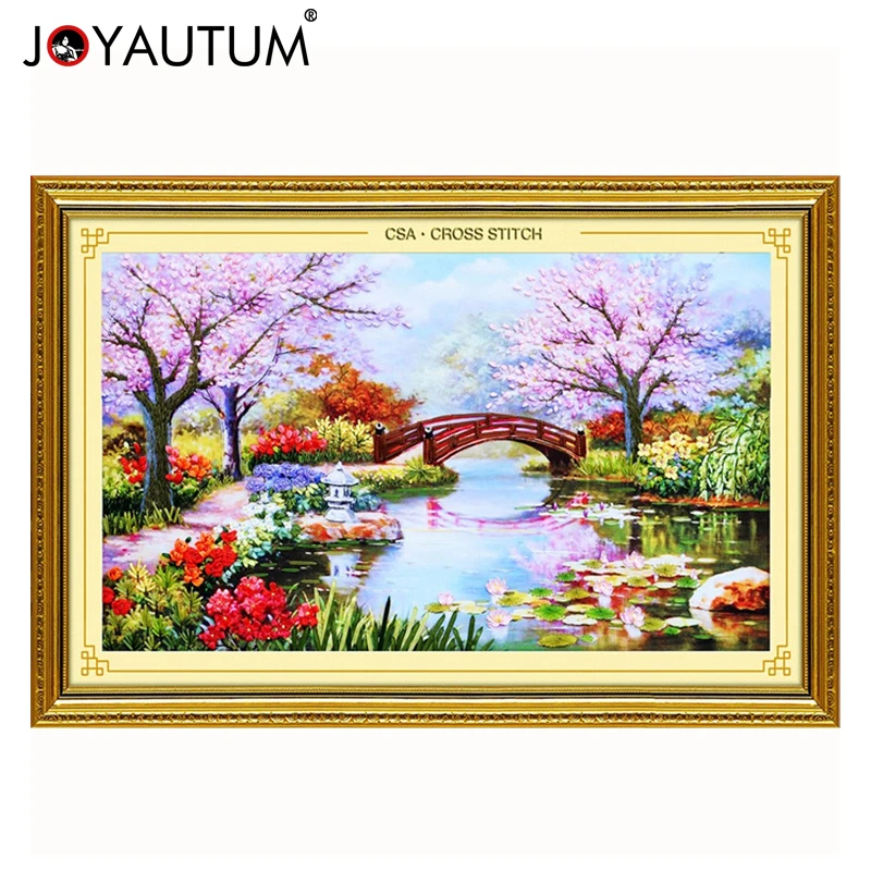 handwork  Ribbon embroidery 100X65CM print 3d cross stitch paintings landscape flowers Cherry hut needlework diy kits pattern