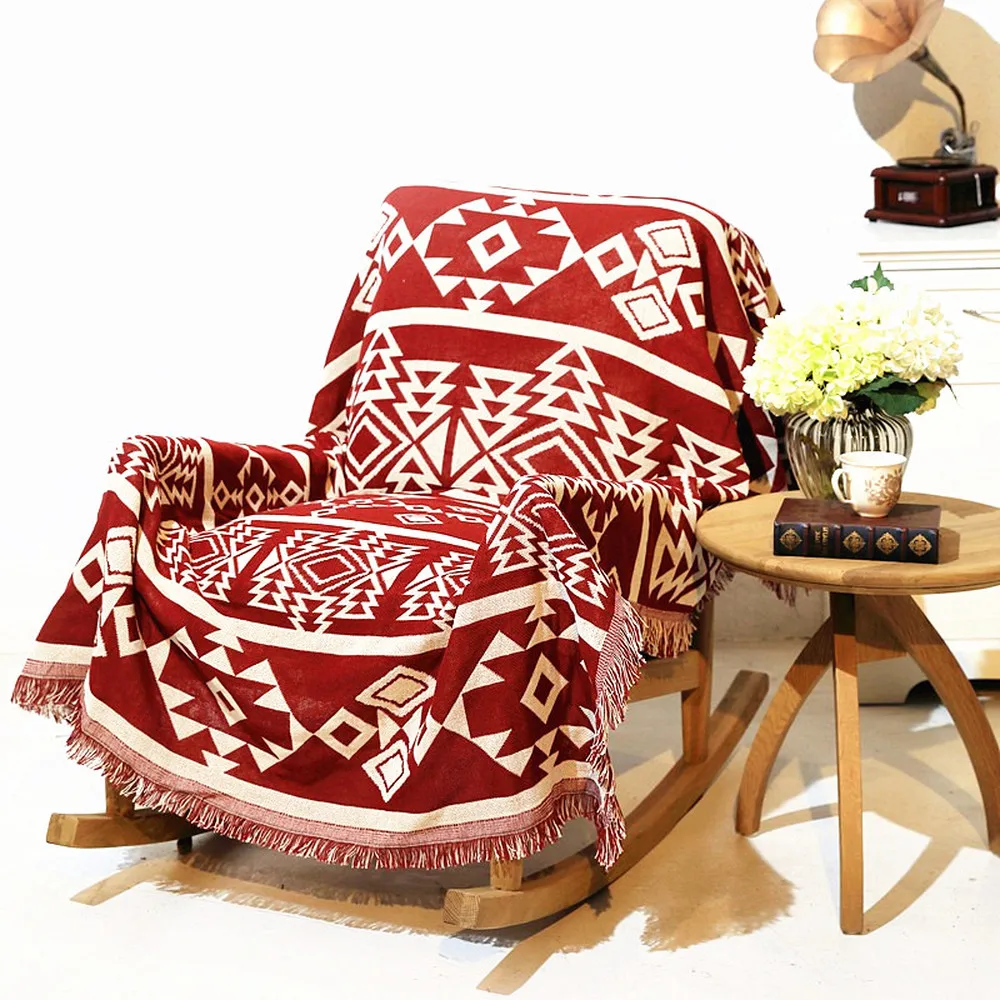 Geometric patterns vintage leisure blanket coarse cotton bed cover sofa towel living room Felts Double-sided tapestry Carpet