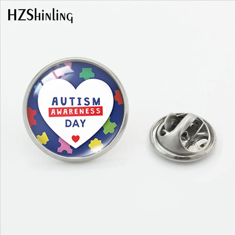 2019 New Autism Awareness Pin Stainless Steel Glass Cabochon Jewelry Unique Lapel Pin Handmade Round Pins