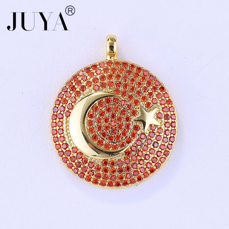 

5pcs Wholesale Big Round Pendant Copper Inlaid AAA CZ Zircon Turkey Flags Charms Pendants Fit Making Necklace Jewelry Gift