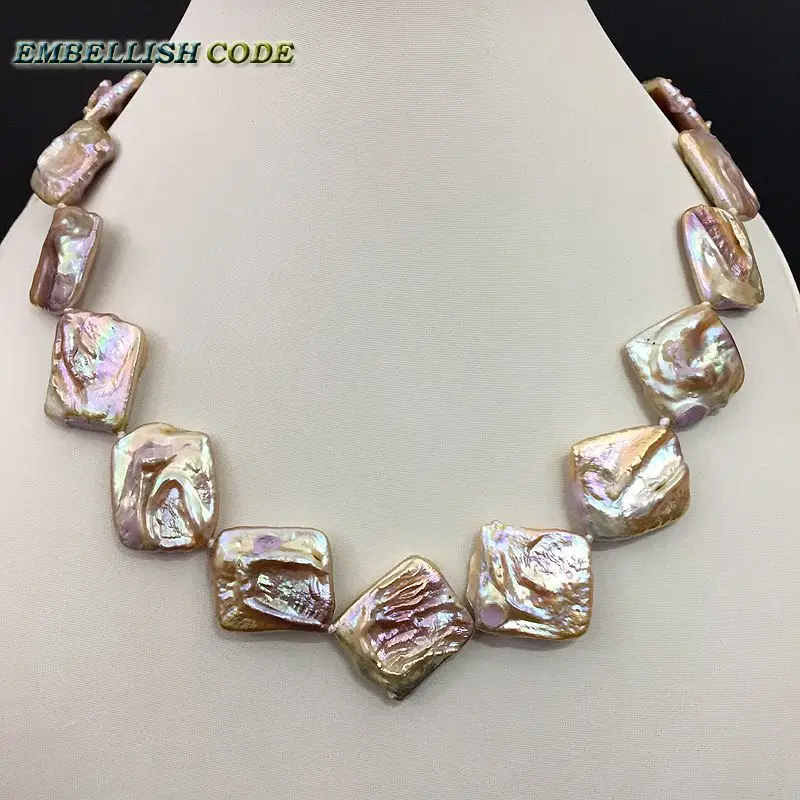 block square shape natural fresh water pearl choker nice jewelry statement necklace peach color 58cm national style for women