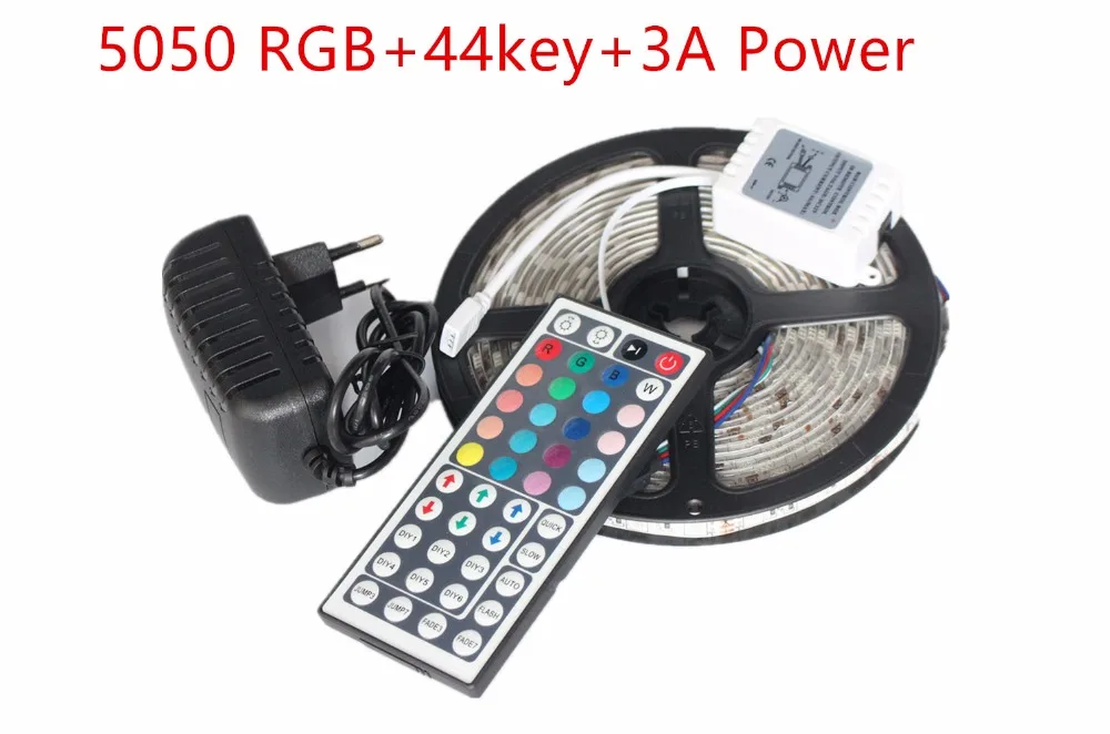 

5050 RGB LED Strip Non-Waterproof / Waterproof 5M 300 Led Strip Light Fita Led String + 44 Key IR Remote + DC 12V 3A Power Kit