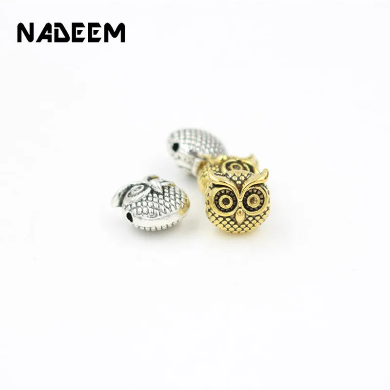 NADEEM Antique Gold Silver Color 10pcs/lot Metal Animal Owl Head Charm Beads Accessory Fit Jewelry Making Diy Bracelet Necklace