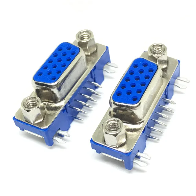 5PCS/LOT DB15 DR15 3Rows Blue Parallel Port 15 Pin D Sub Female 15 Way PCB 90 Degree Connector DB15 Socket Plug VGA Adapter