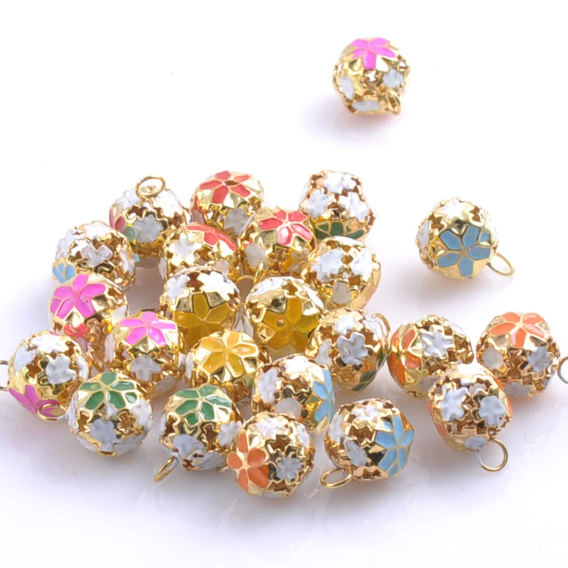 30pcs/lot Colorful Jingle Bells Gold Plated Flower Shaped for Party Christmas Decoration Handmade Accessories 14mm CP0584