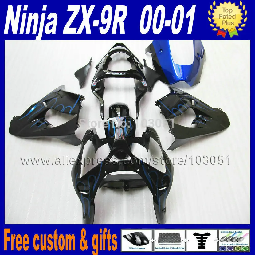 

custom road race fairing kits for kawasaki ninja ZX 9R 2000 2001 R 00 01 blue flame body repair fairings parts