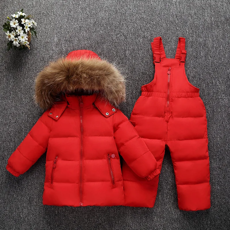 Down Fur Hooded Duck Down Jacket for Girls Warm Kids Snow Suit Children 2-5T Coat Snowsuit Winter Clothes Boys Clothing Set