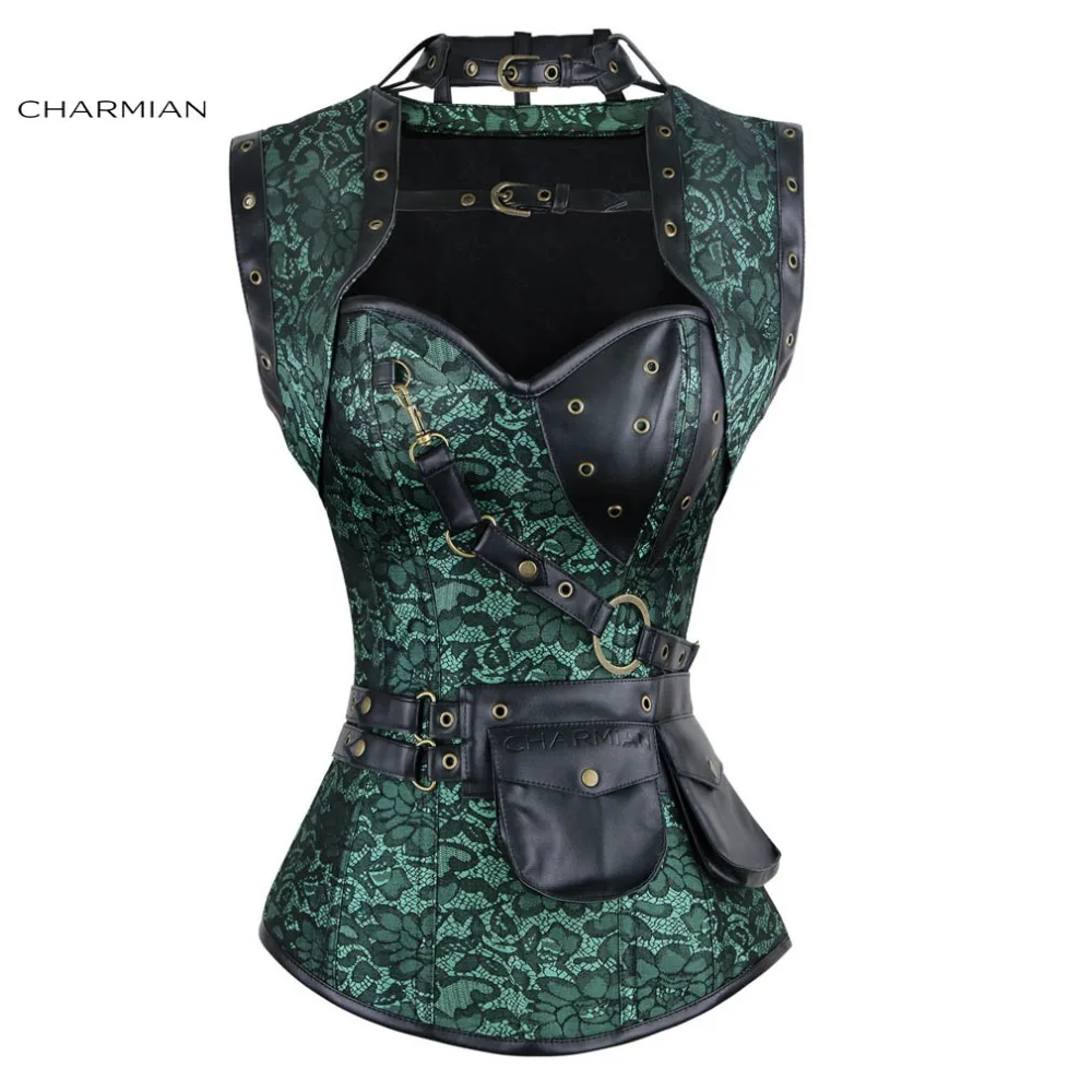 Charmian 3 pezzi Steampunk corsetto gotico da donna broccato in acciaio disossato Plus Size bustier corsetto Top con giacca e cintura a marsupio marrone
