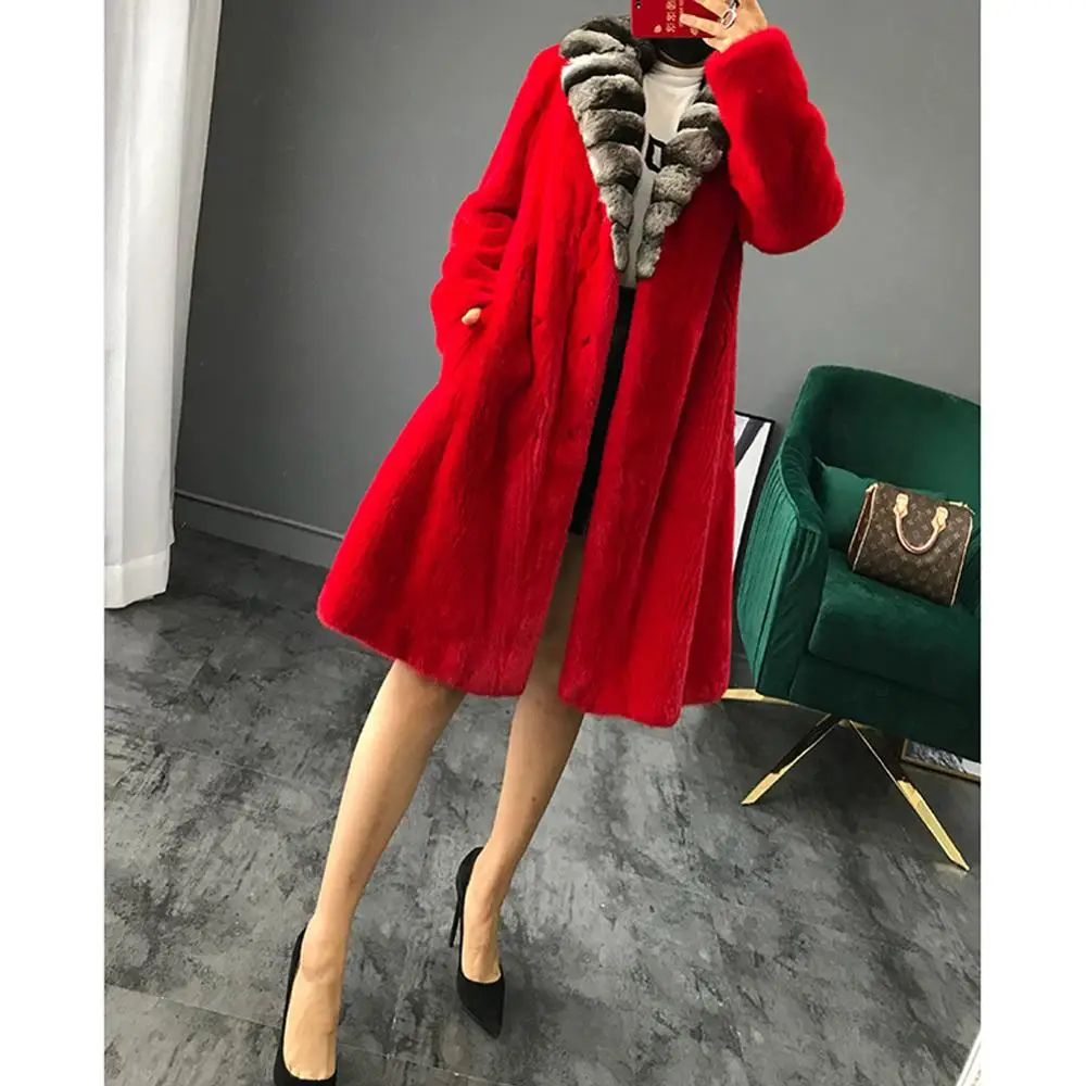 Women's Imported Mink Fur Coat Women's Long Fur Coat With Totoro Fur Collar Women's Thick Warm Jacket Red Plussize Parker Coat