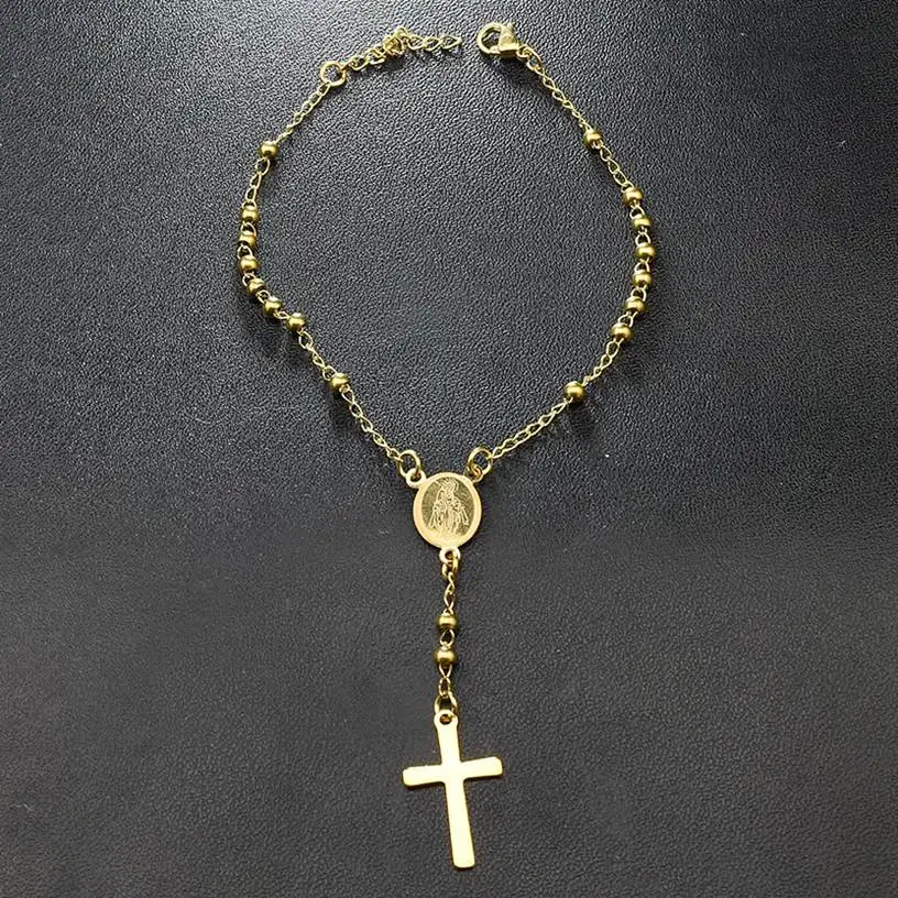 Dolaime Catholic Gold Color Bracelets Girl Jewelry Sacred Cross Rosary Ms. Bracelet Gift Women Stainless Steel New Arrival GRN76