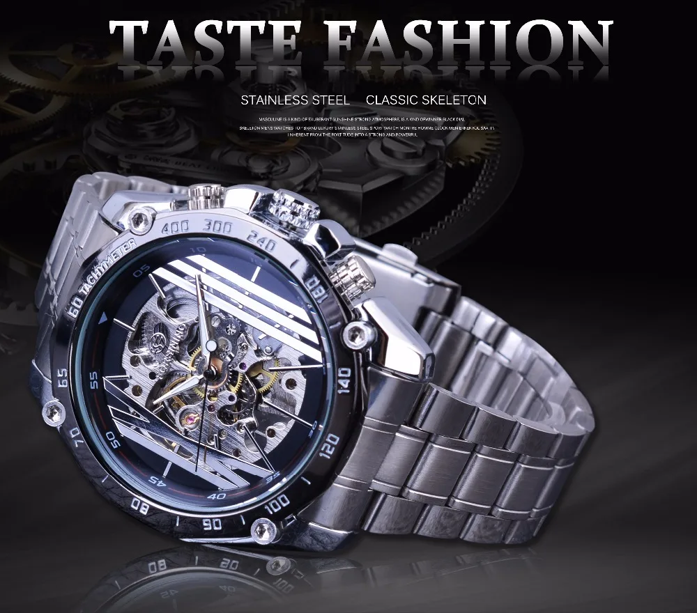 Forsining Military Sport Design Transparent Skeleton Dial Silver Stainless Steel Mens Watches Top Brand Luxury Automatic Watches