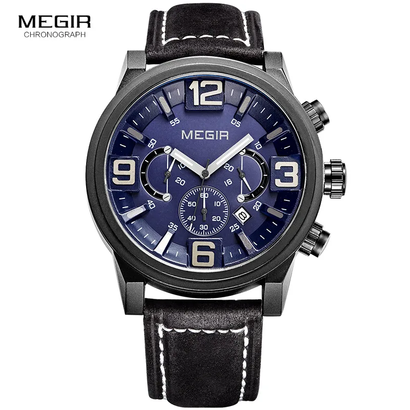 MEGIR new fashion casual quartz watch men large dial waterproof chronograph releather wrist watch relojes free shipping 3010