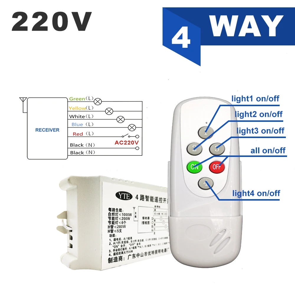 AC 220V 4 Way 5 Sections ON/OFF Multifunction Intelligent Digital Lamps Wireless Remote Control Switch for Ceiling Crystal Lamp