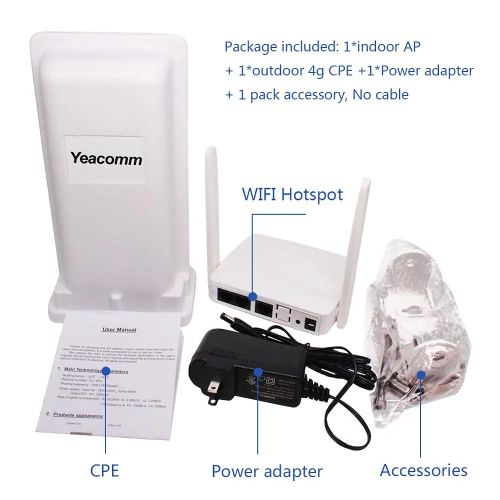 Yeacomm YF-P11K 4G CPE 와이파이 키트, 야외 LTE 라우터 및 실내 와이파이 AP