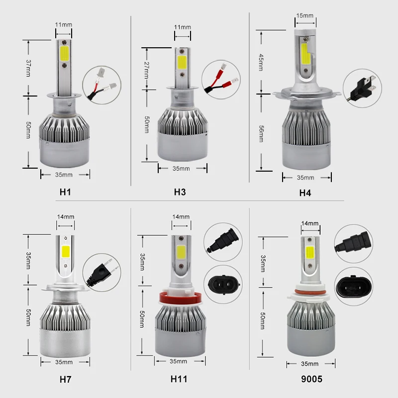 2PCS Car H7 LED H4 Light Bulb H1 H3 H11 9005 Hb3 9006 Hb4 LED Headlight Kit 12V 60W 3800LM 6500K COB C6 Headlamp Bulbs Fog Lamp