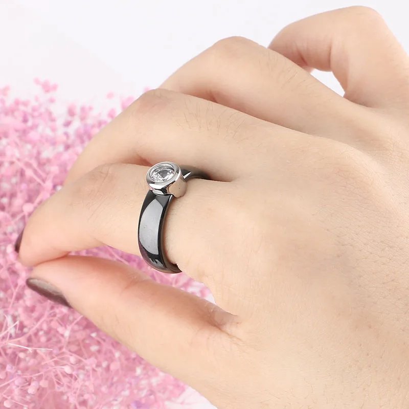 Engagement Ring AAA Cubic Zircon Big Stone Ceramic Ring Black White Stainless Steel Women Ring Fashion Jewelry Good Quality Gift