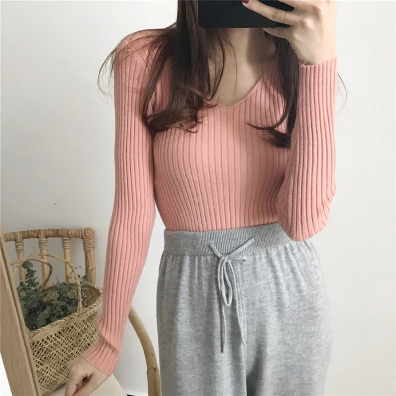 Korean Autumn V Neck Sweater Knitted Fashion Sweaters 2024 Slim Winter Tops For Women Pullover Jumper Pull Femme Truien Dames