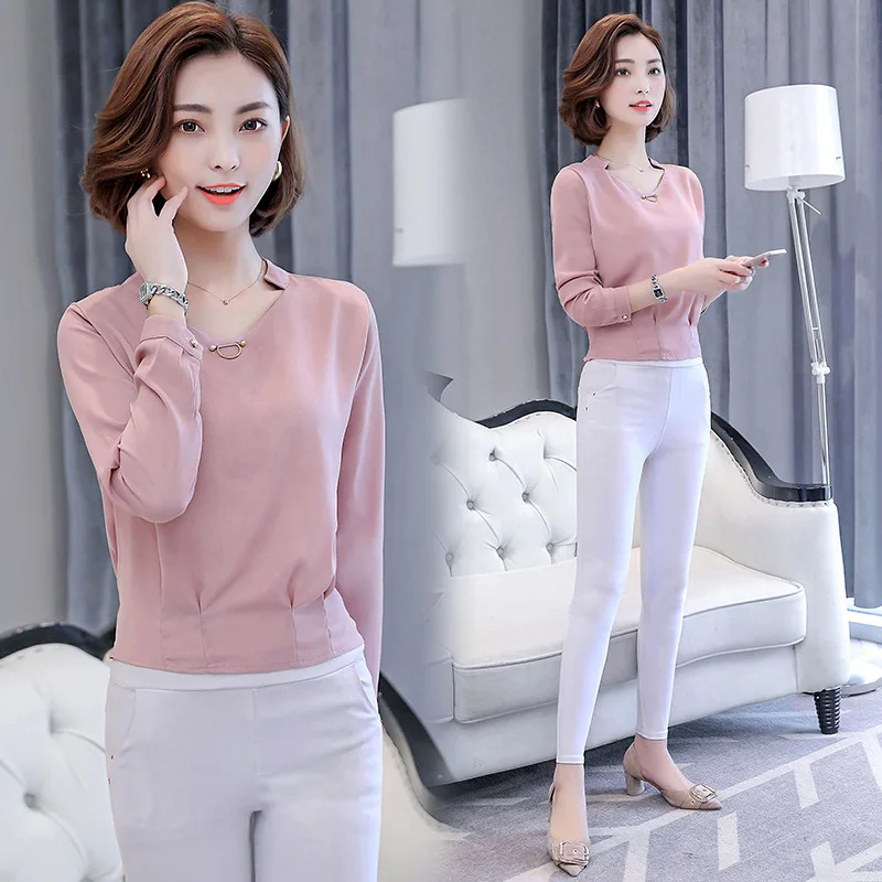 V-hals Lange mouwen Chiffon Overhemd Lente Herfst Mode Vrouwen Casual Pure Kleur Blouses Office Dames Plus Size Kleding H9051