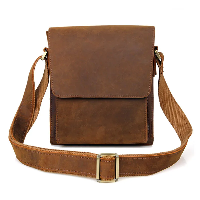 Nesitu High Quality Vintage Thick Brown Genuine Leather Small Men Messenger Bags Crazy Horse Leather Male Shoulder Bag M7055